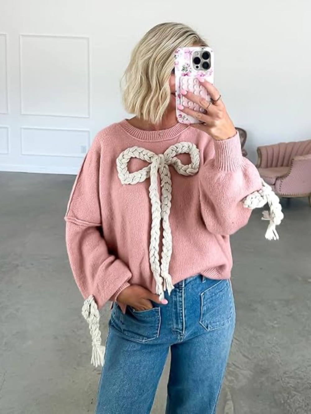Pink Oversized Bow Knit Sweater Coquette Pullover Size Small